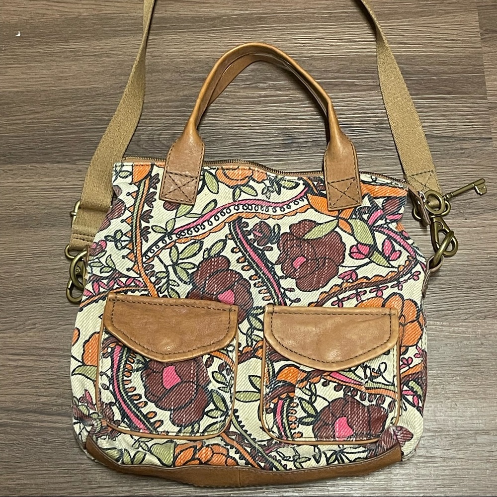 Fossil Crossbody Floral Fabric Bag with Leather Accents